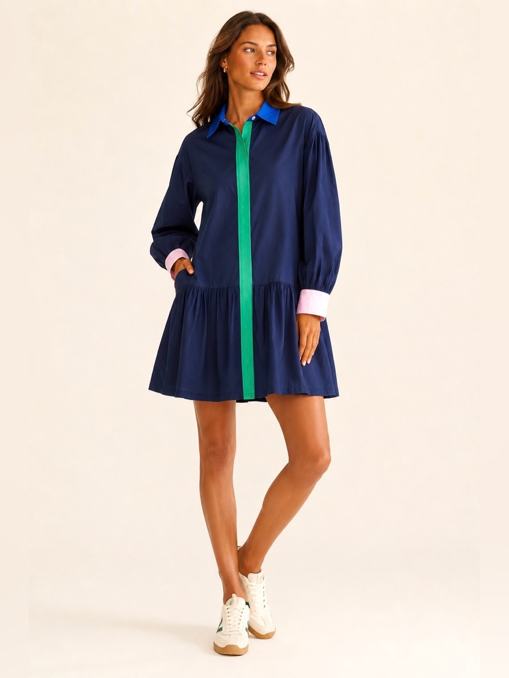 Addison Bay Colorblock Poplin Shirt Dress Navy Green Pink Size Large